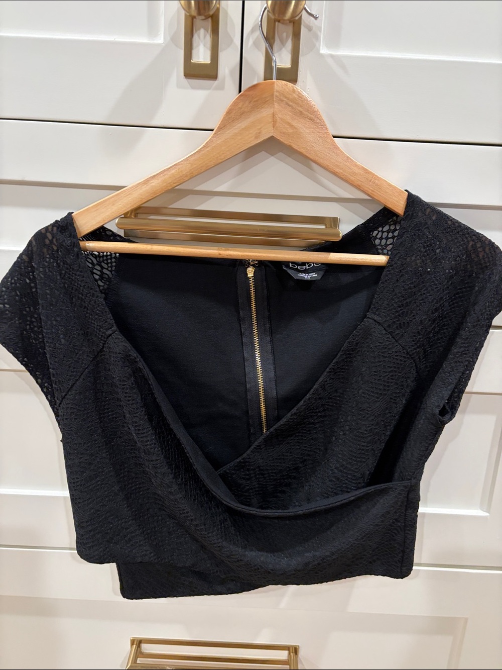 bebe Black Draped Crop Top with Gold Back Zipper